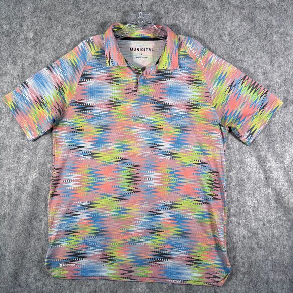 Municipal Shirt Mens Size Large Pink Short Sleeve Polo Sport Tech Zigzag Mesh - Picture 2 of 12